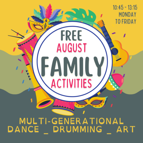 flyer for inter generational activities shows instruments and samba head dresses