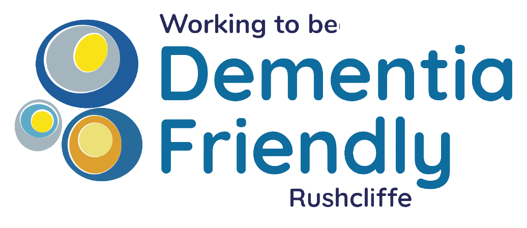 An image showing three coloured circle based shapes with the text Working to be Dementia Friendly Rushcliffe