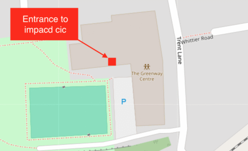 A street map showing The Greenway Centre, Sneinton, Nottingham